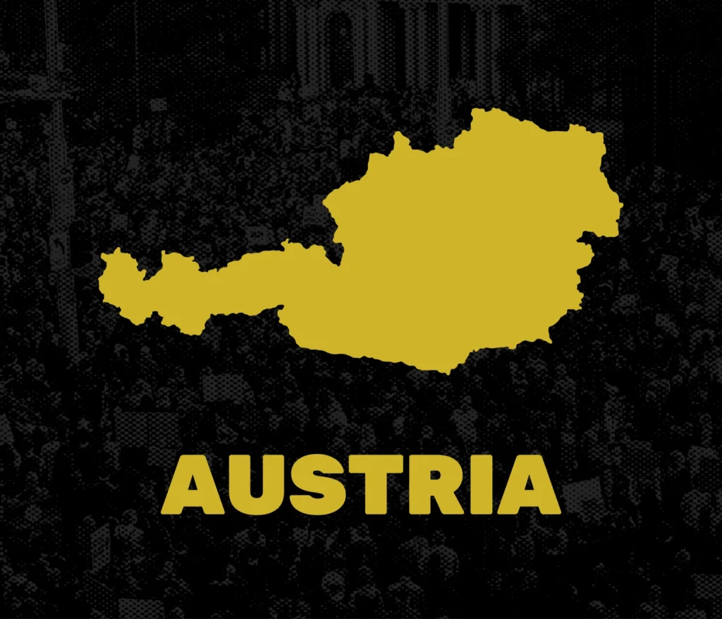 Silhouette map of Austria in yellow against a black and white crowd background.