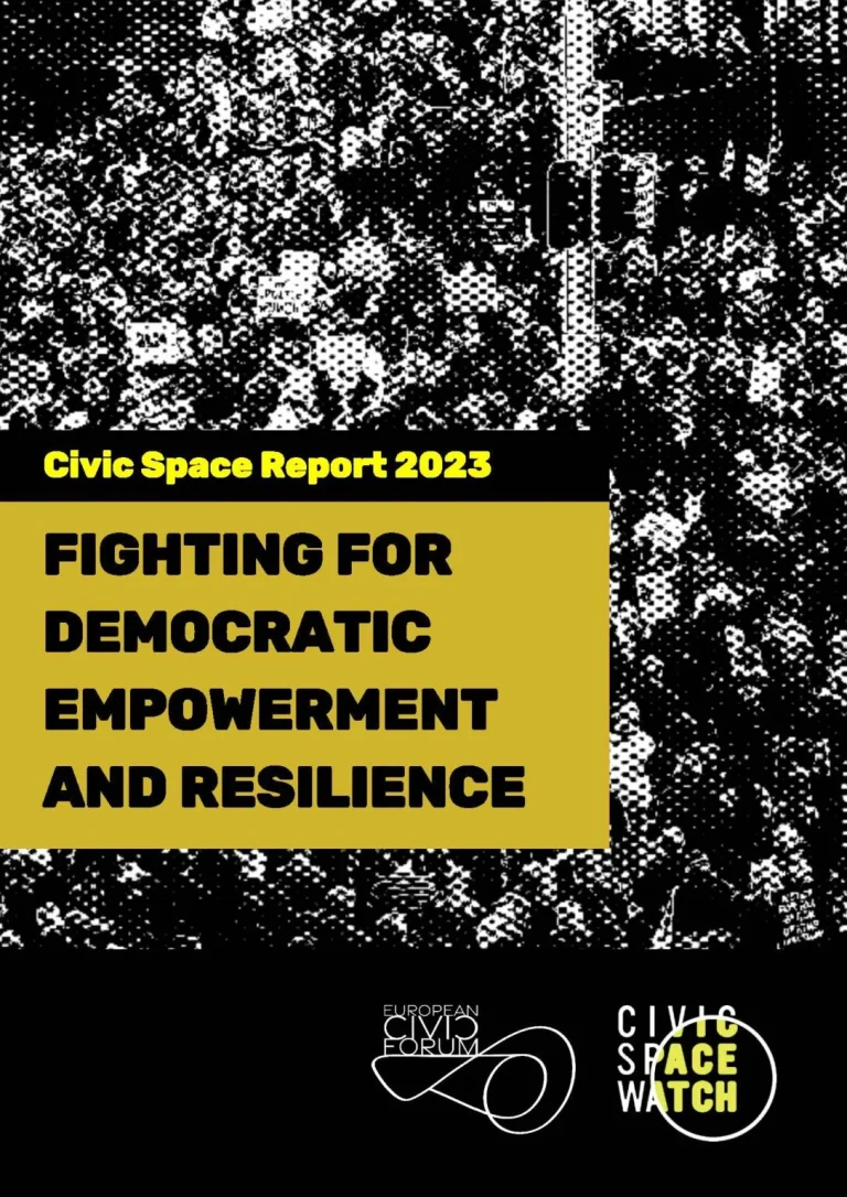 Cover of the Civic Space Report 2023 featuring the title and graphic elements.