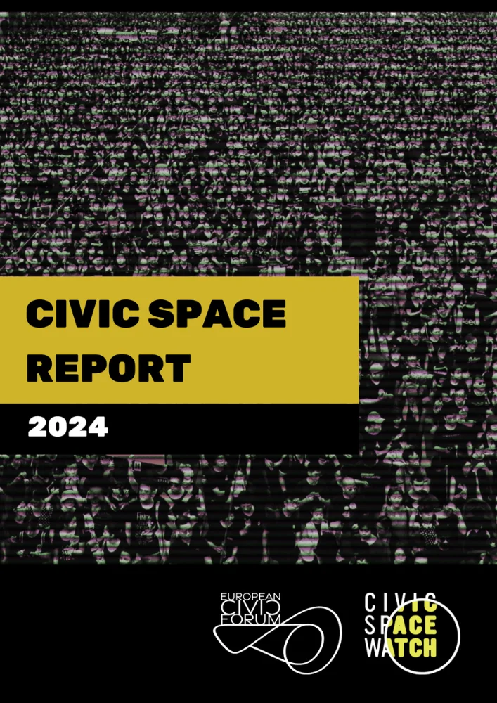 Cover of the Civic Space Report 2024 featuring a crowd and the title in bold text.