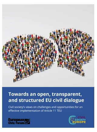 Cover of a report titled 'Towards an open, transparent, and structured EU civil dialogue' featuring speech bubble graphics.