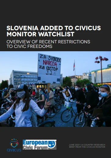 Cover of the Slovenia Civic Monitor Watchlist report featuring a protest scene with a sign.