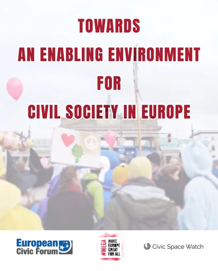 Text graphic stating 'Towards an Enabling Environment for Civil Society in Europe' with logos of European Civic Forum and Civic Space Watch.